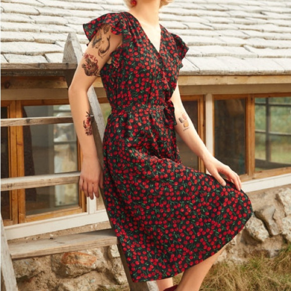 Modcloth Black and Red Cherry Print Midi Dress